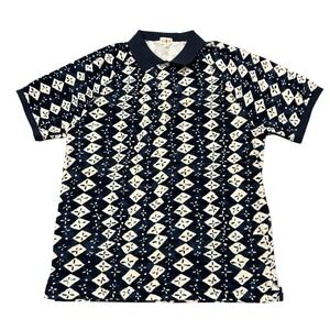 J.Crew Oarsman Mens Terry Cloth Polo Shirt Large Navy Blue Geometric Print B2389